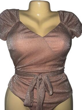Fashion Nova Shimmery Rose Taupe Wrap Bodysuit with Tie